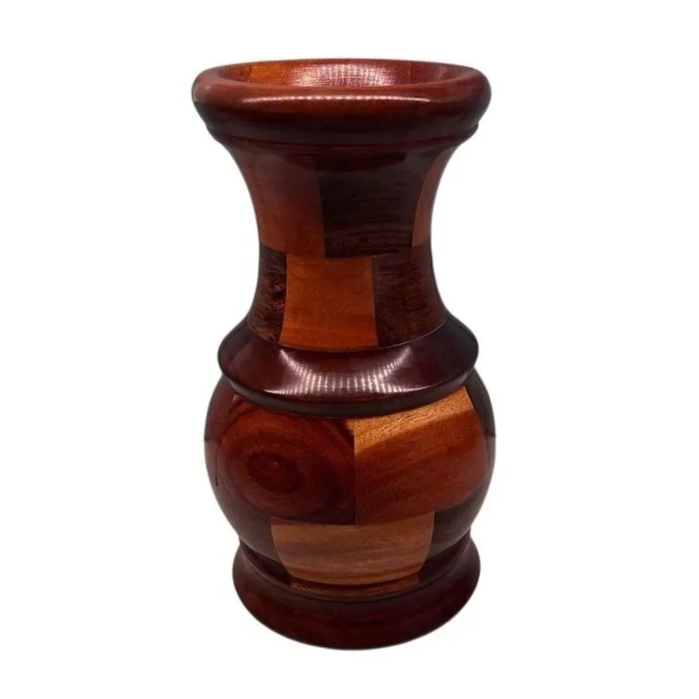 Vintage Multi Wood Mosaic Vase 8” Brown Hand Pieced Parquet Two-tone Segmented - Picture 2 of 11